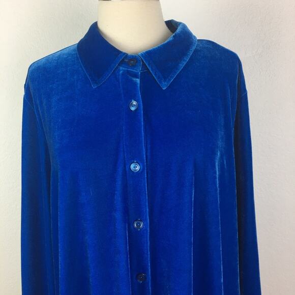 Soft Surroundings Blue Velour Button Up Long Sleeve Lagenlook  Tunic 1X - Picture 2 of 9